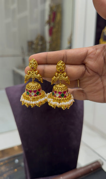 Beautiful jadau kundhan & peacock design jumkis with pushback