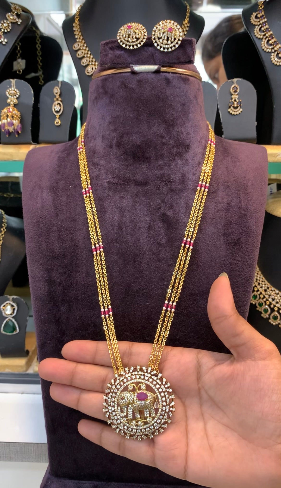 Beautiful Elephant design CZ stones pendant set with chandraharam chain 18 to 20 inchs long