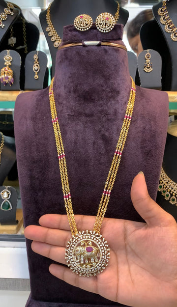 Beautiful Elephant design CZ stones pendant set with chandraharam chain 18 to 20 inchs long