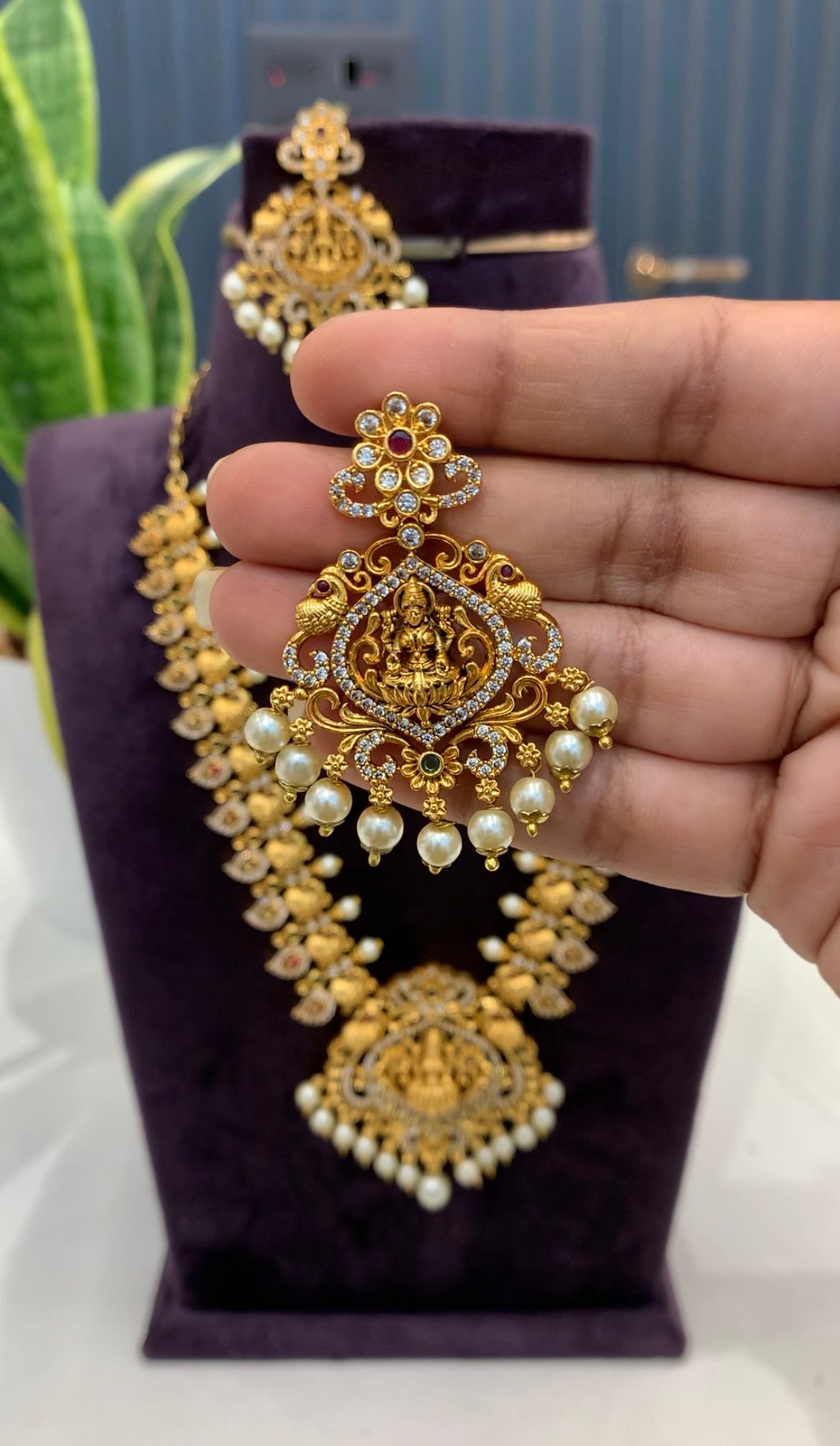 Beautiful Lakshmi devi peacock design mini necklace with pushback earrings