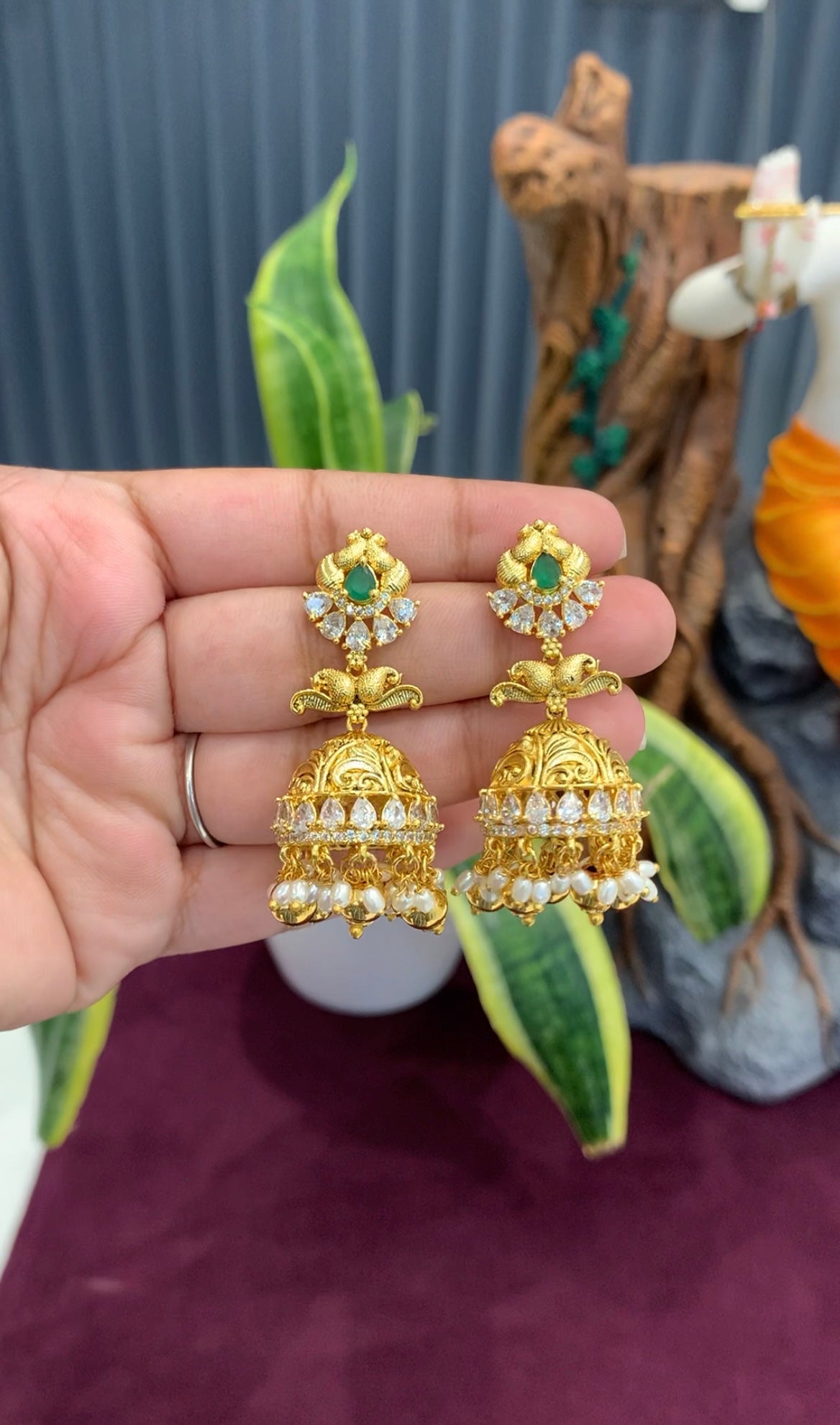 Beautiful CZ stones Lakshmi devi & peacock design long haram with pushback jumkis