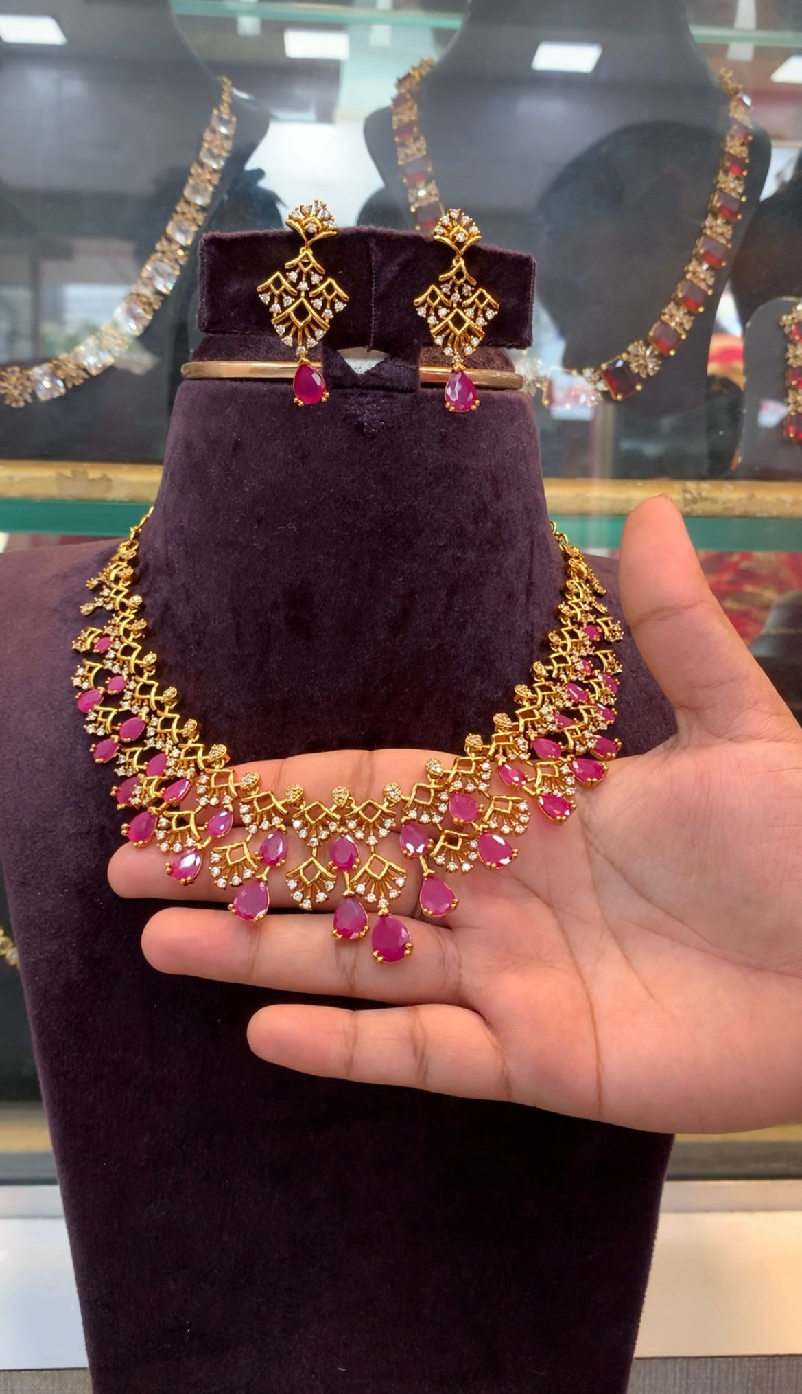 Beautiful ruby color CZ stones necklace with pushback earrings