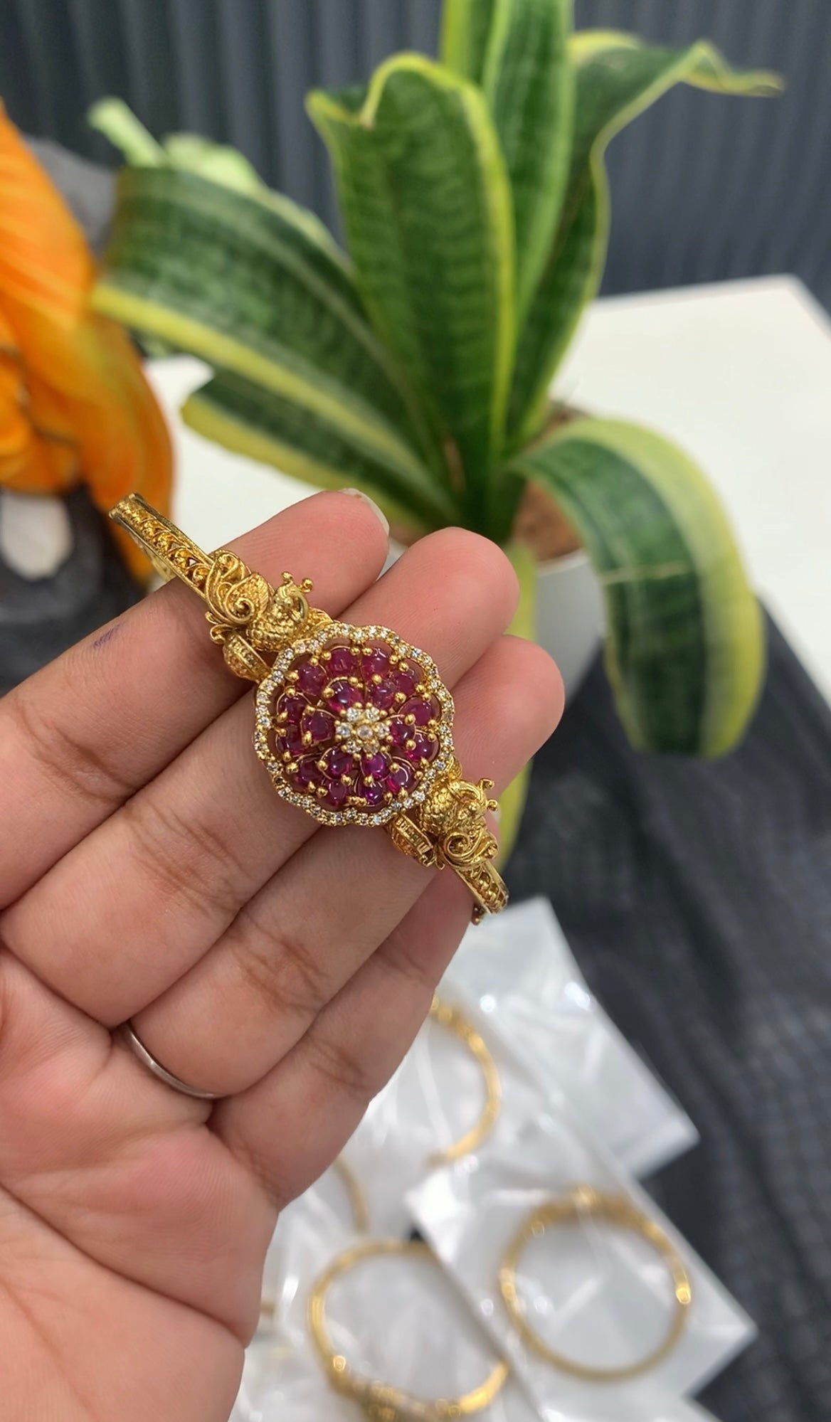 Beautiful pink colour CZ stones openable bracelet