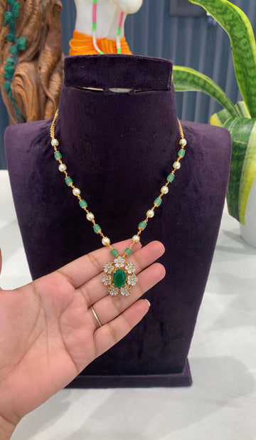 Beautiful green color pendant with beads mala 18 inchs long