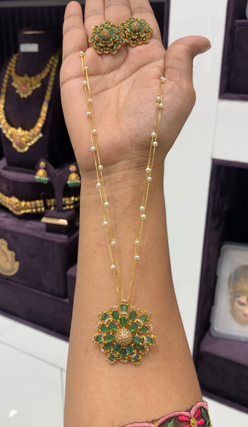Beautiful green stone pendant set with white pearls 2layers chain  18 inchs long