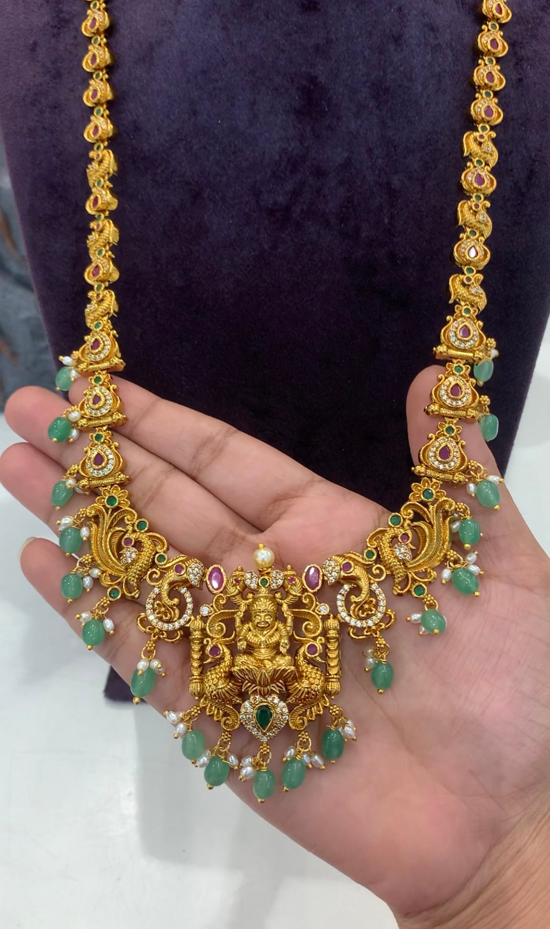 Beautiful Lakshmi devi peacock design long haram with screwback earrings