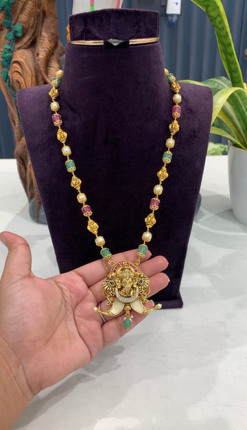 Beautiful ganesh pendent tiger nail with beads & nakshi balls mala 18 inchs long
