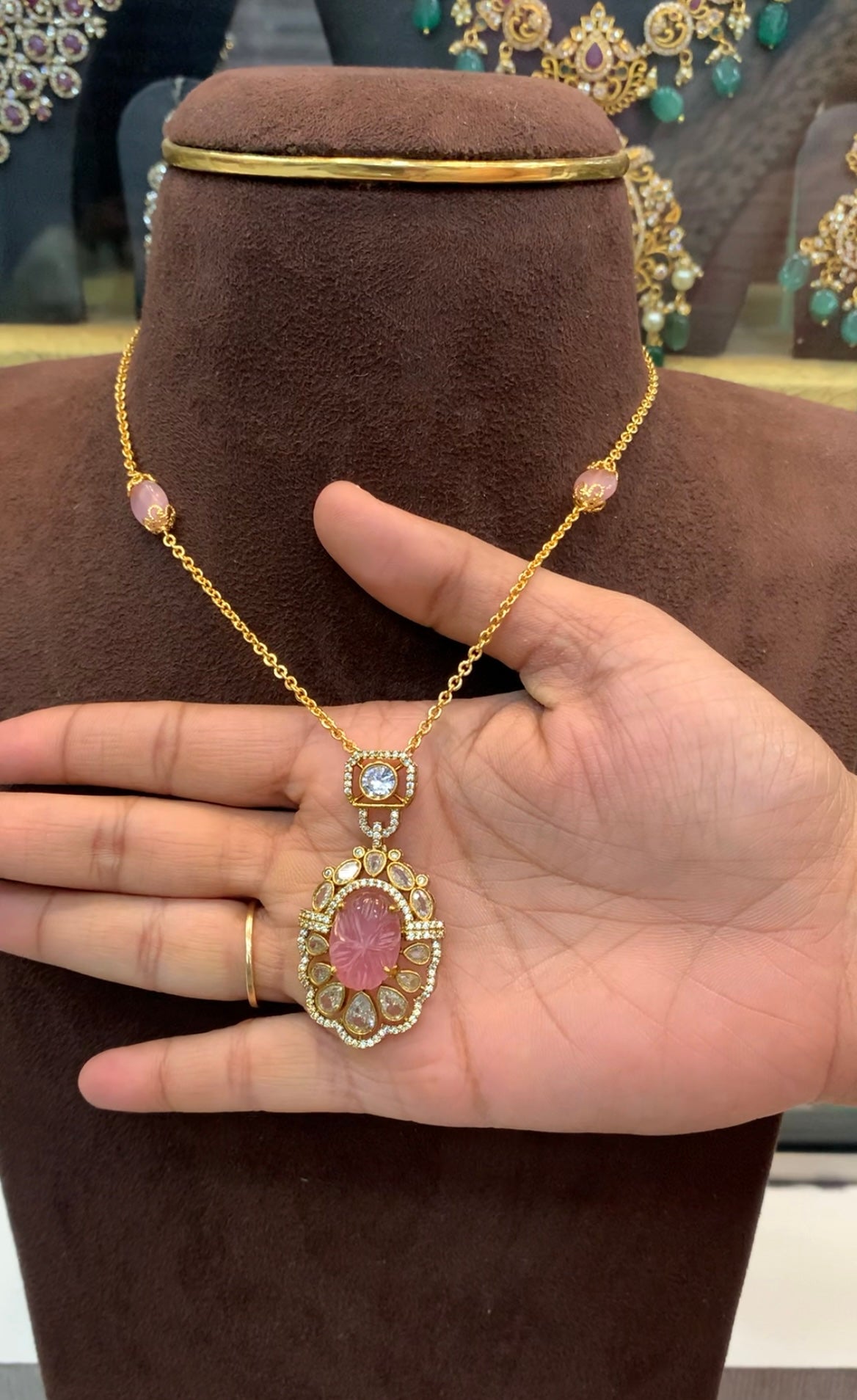 Beautiful simple carving stone locket with chandraharam chain 18 inchs long
