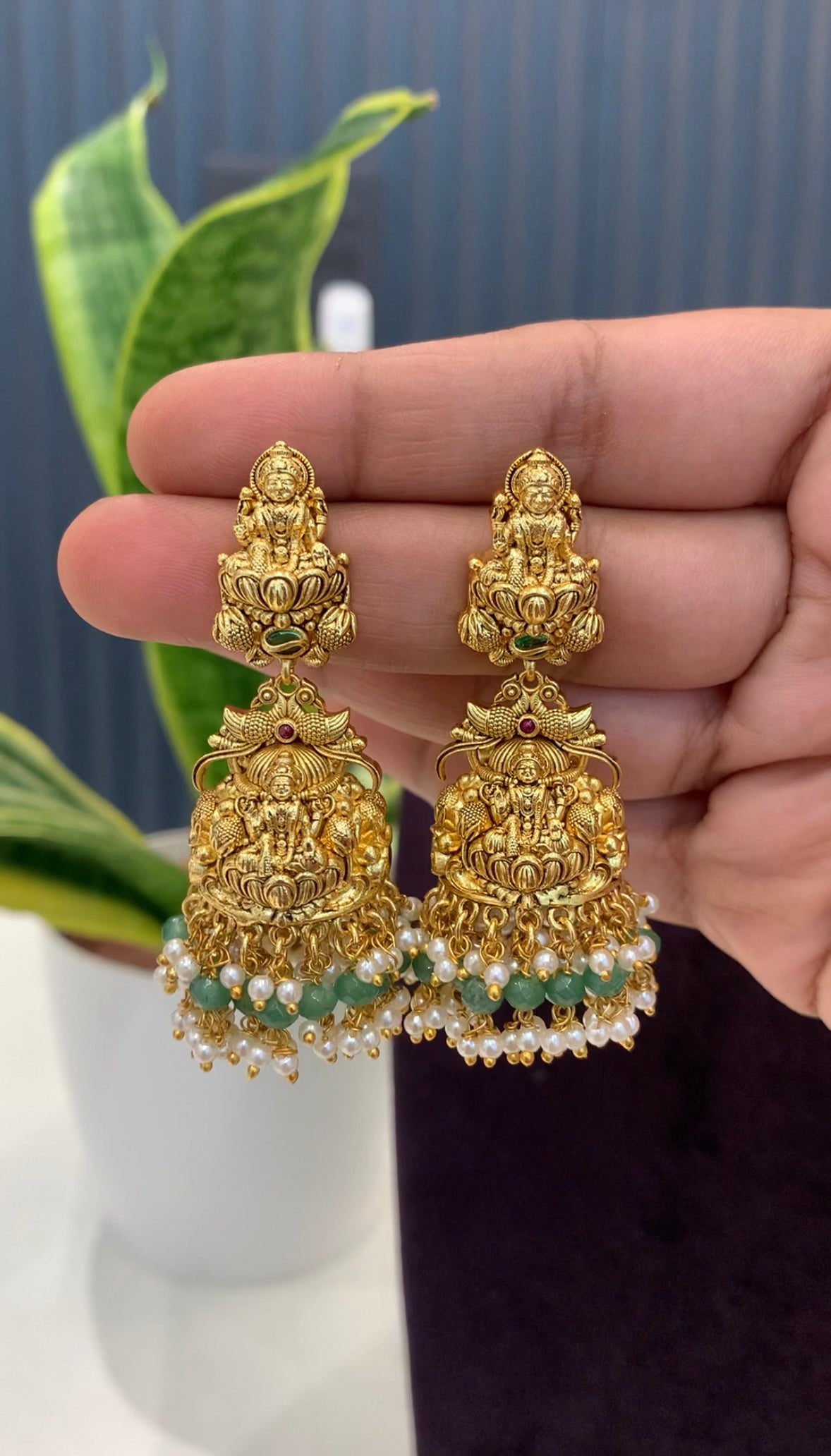 Beautiful Lakshmi pushback jumkis with beads finishing