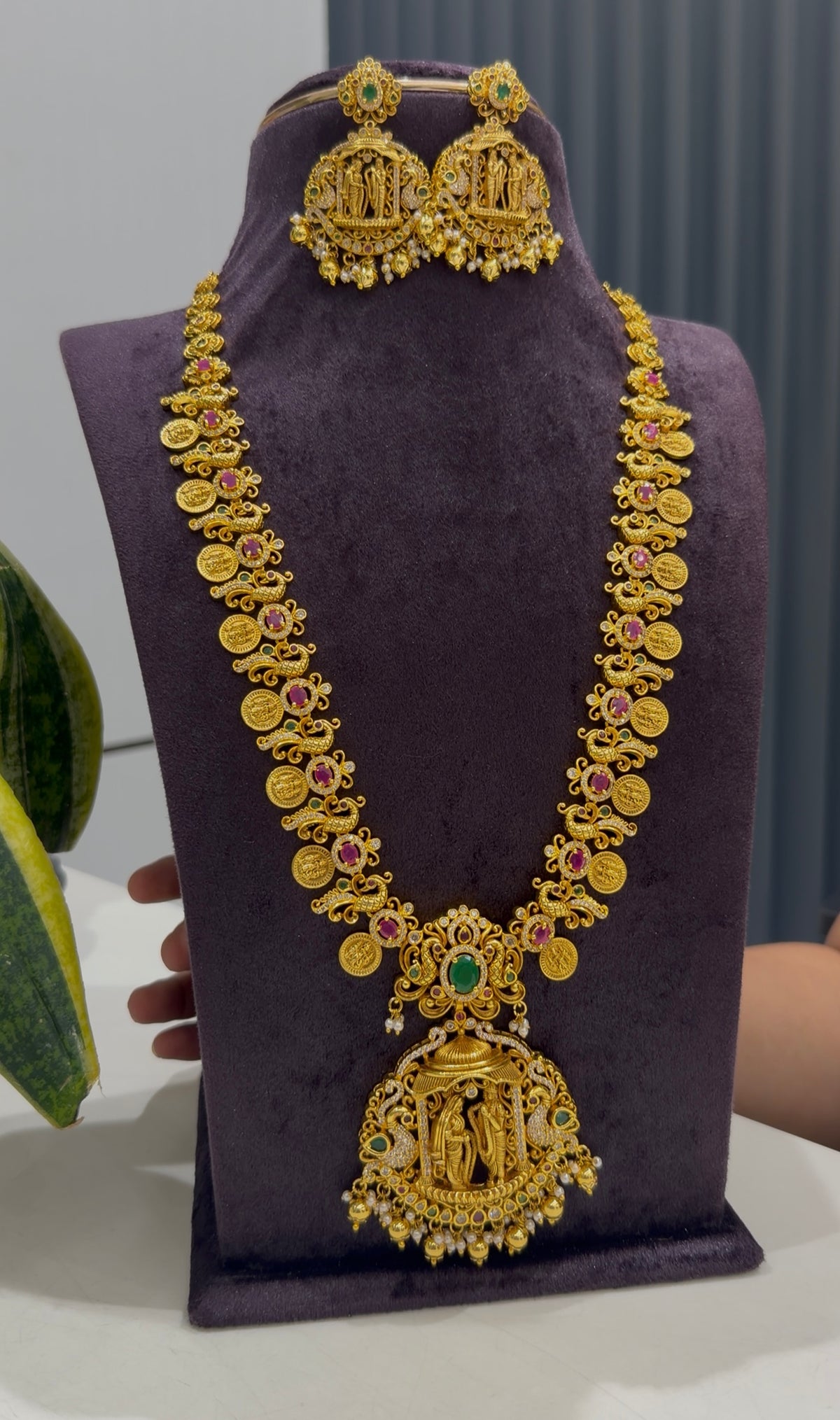 Beautiful ruby stone peacock design kasula model long haram with screwback earrings