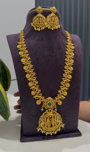 Beautiful ruby stone peacock design kasula model long haram with screwback earrings