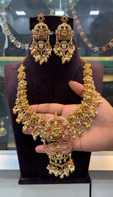 Beautiful pota stone Lakshmi devi & peacock design necklace with pushback earrings