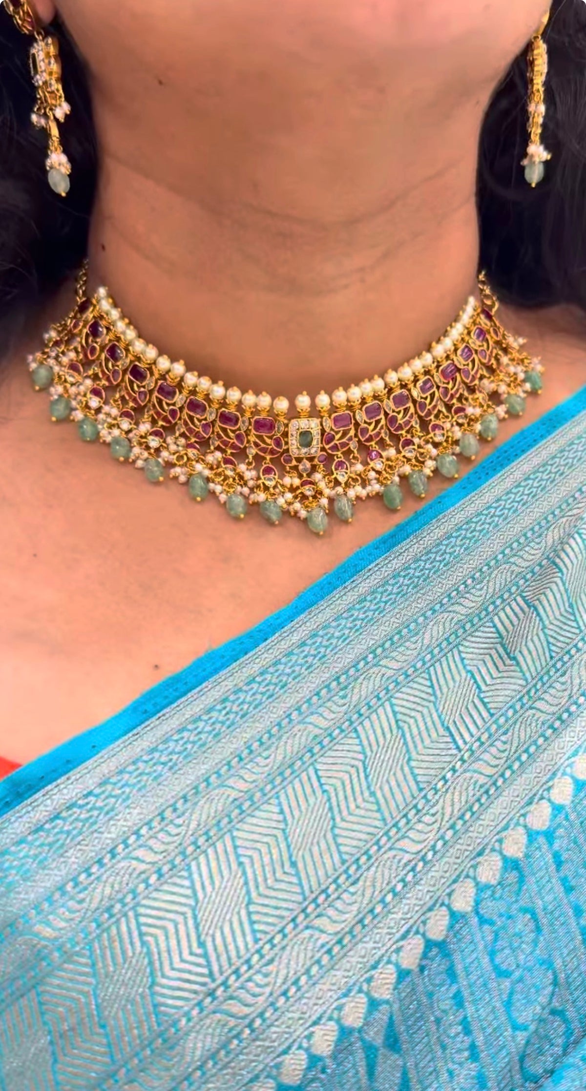 Beautiful pota stone neckset ,pushback earrings with beads finishing
