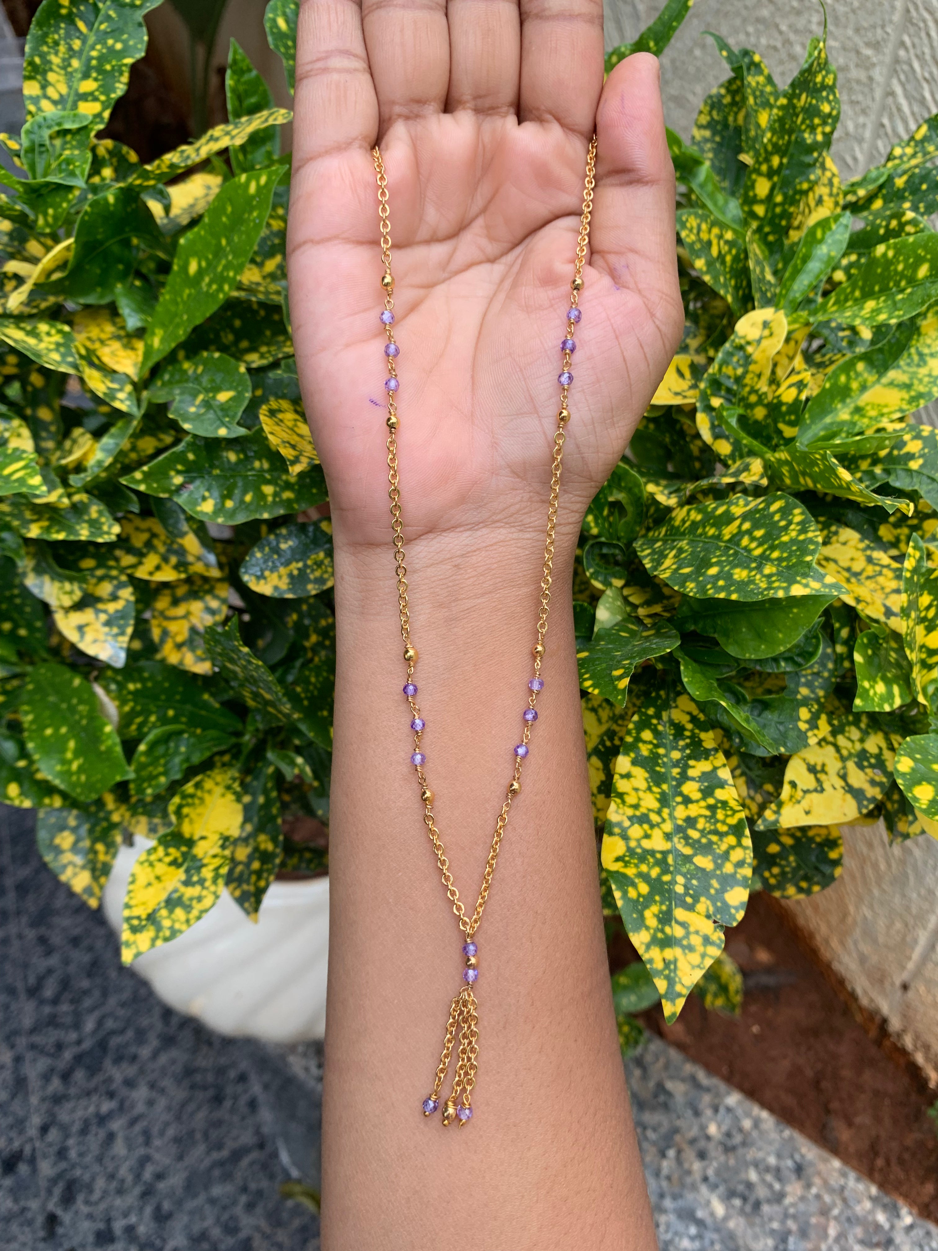 Beautiful handmaking purple color beads & chandraharam chain 18 inchs long