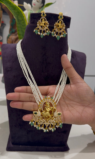Beautiful krishna pendant set with white pearls mala
