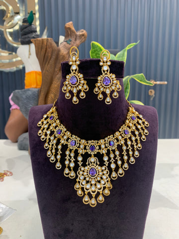 Beautiful CZ stones purple colour neckset with pushback ear hangings