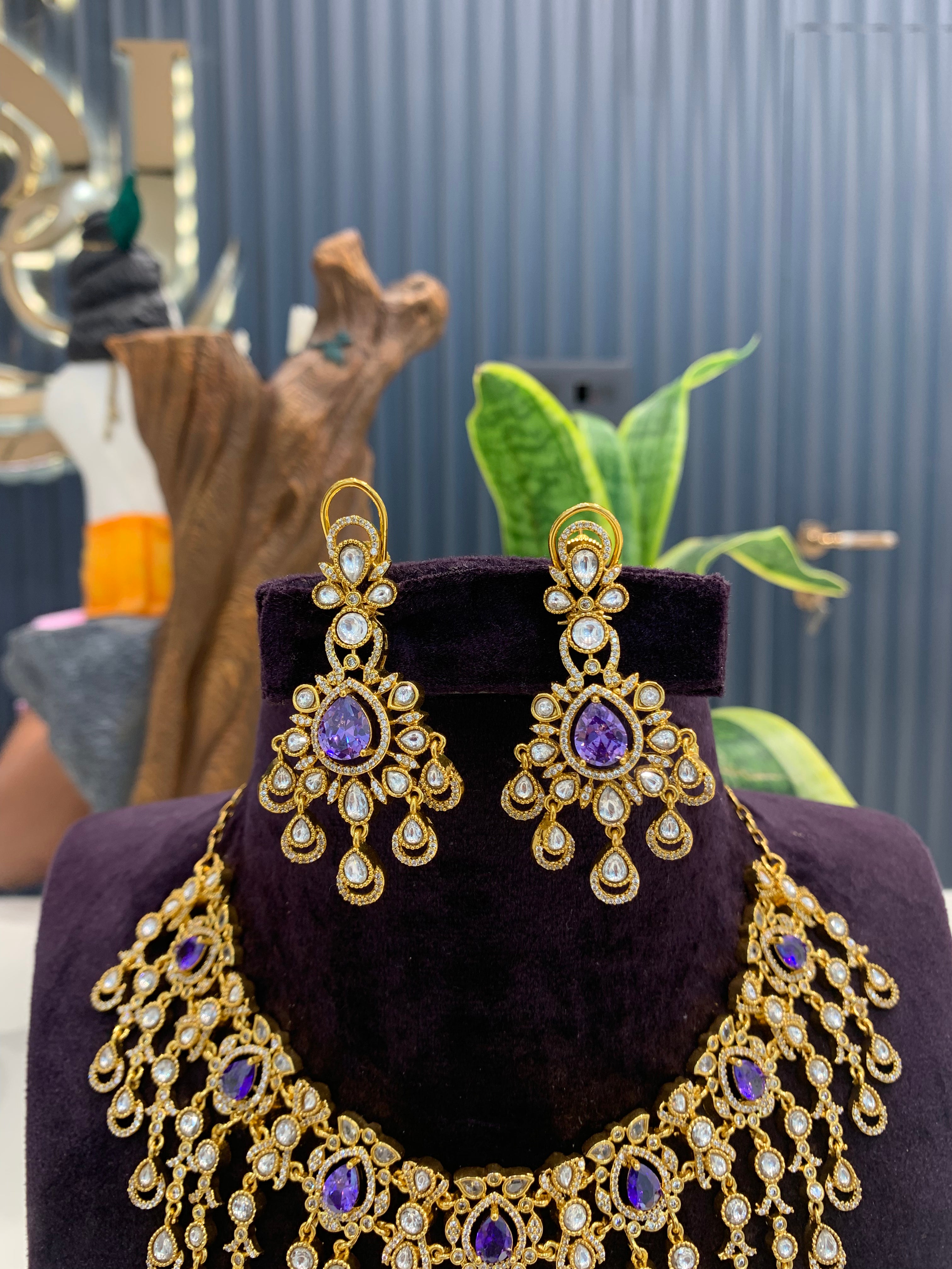 Beautiful CZ stones purple colour neckset with pushback ear hangings