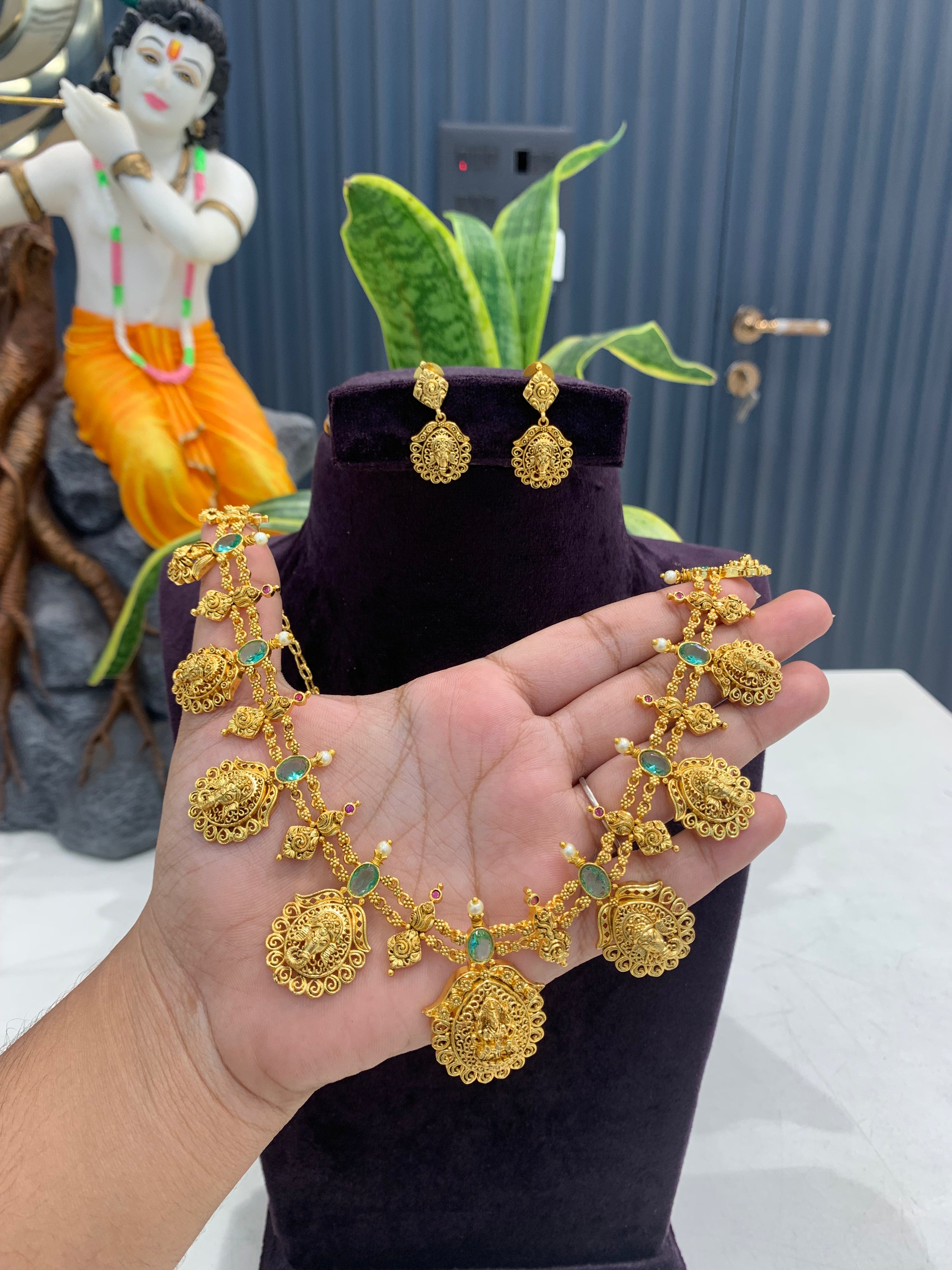 Beautiful lakshmi devi kasula model  necklace with pushback earrings