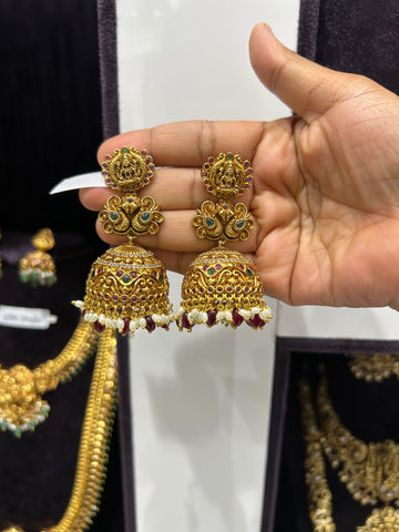 Beautiful Lakshmi devi & peacock design embosing jumkis with screwback