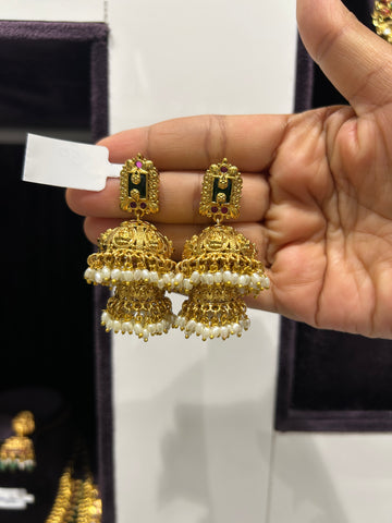 Beautiful Lakshmi devi double step pushback jumkis with pearls finishing