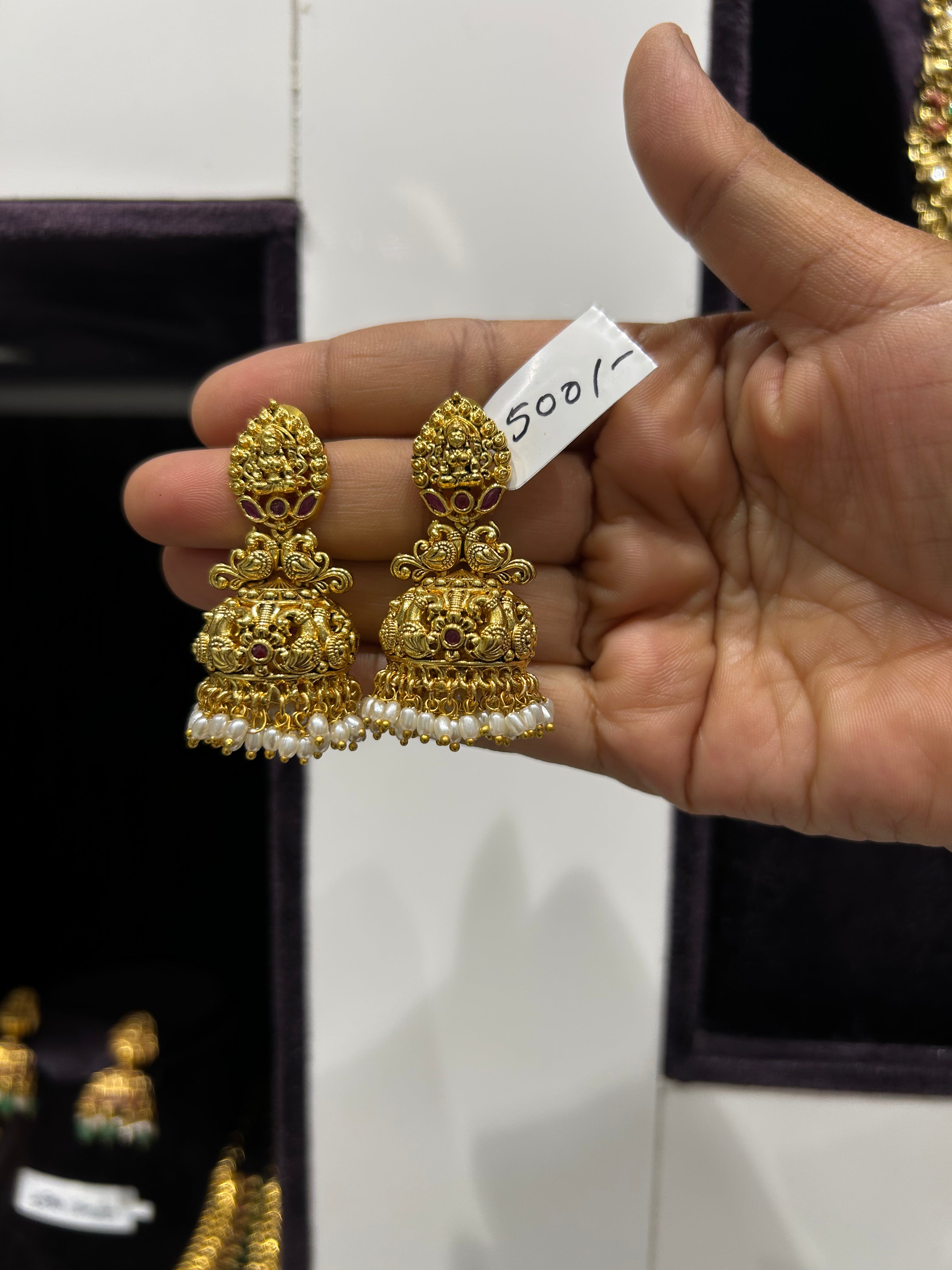 Beautiful Lakshmi devi peacock design pushback jumkis with pearls finishing