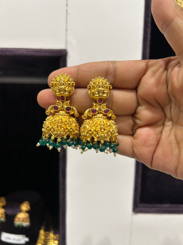 Beautiful Lakshmi devi pushback jumkis with beads finishing