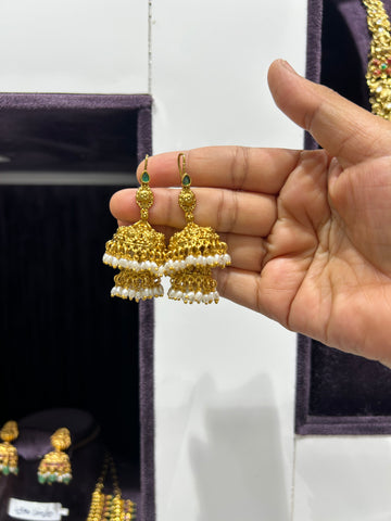 Beautiful hanging model double step jumkis with pearls finishing