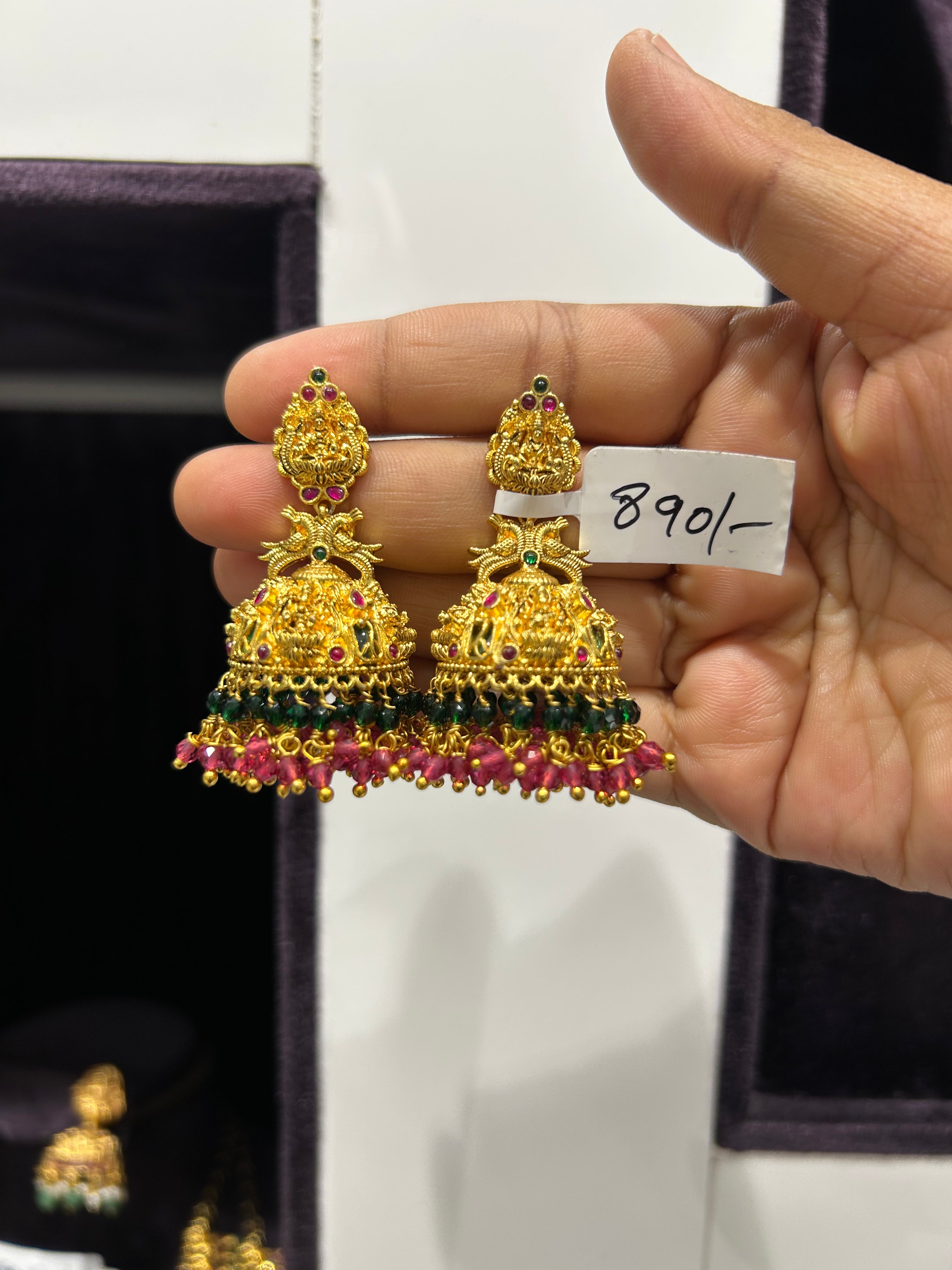 Beautiful Lakshmi devi pushback jumkis with beads finishing
