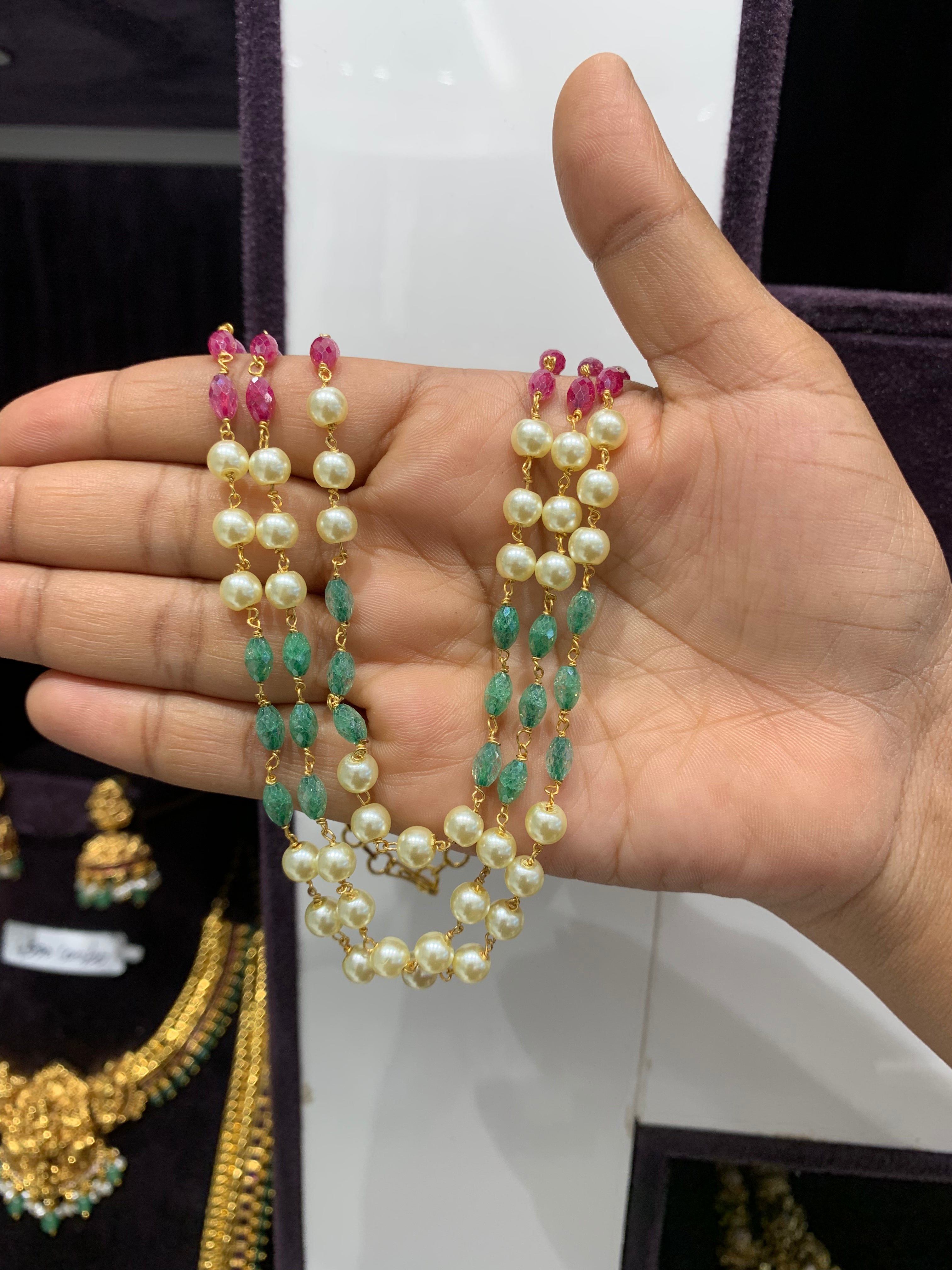 Beautiful 3 layers pearls & crystal beads mala 18 to 20 inchs long
