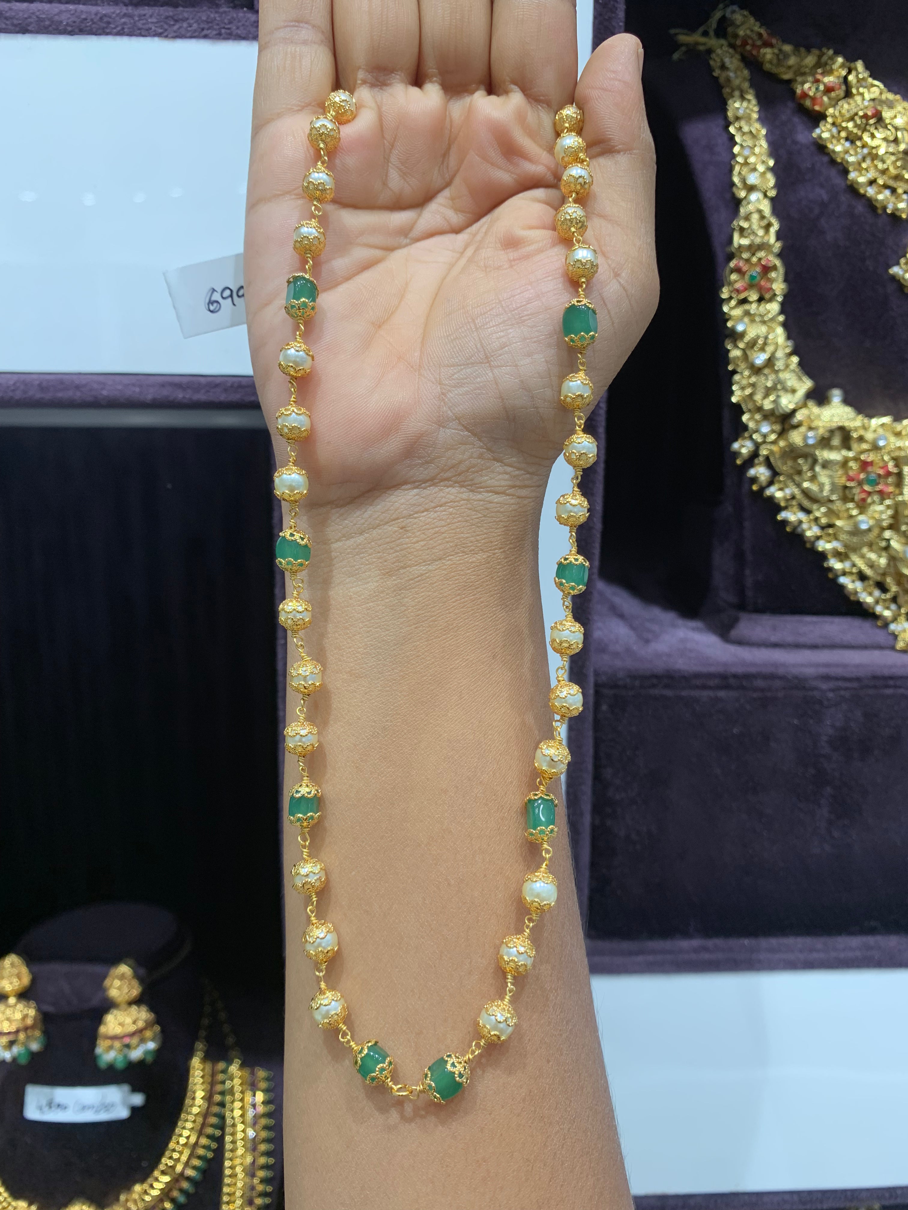 Beautiful green beads & white pearls mala 18 inchs long
