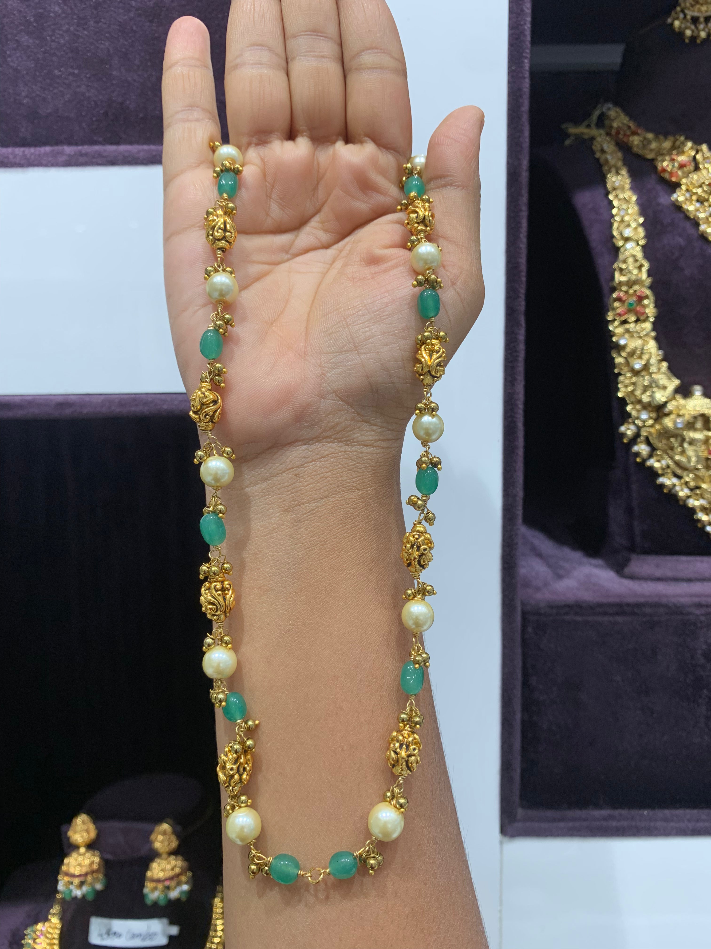 Beautiful nakshi balls & green beads mala 18 inchs long