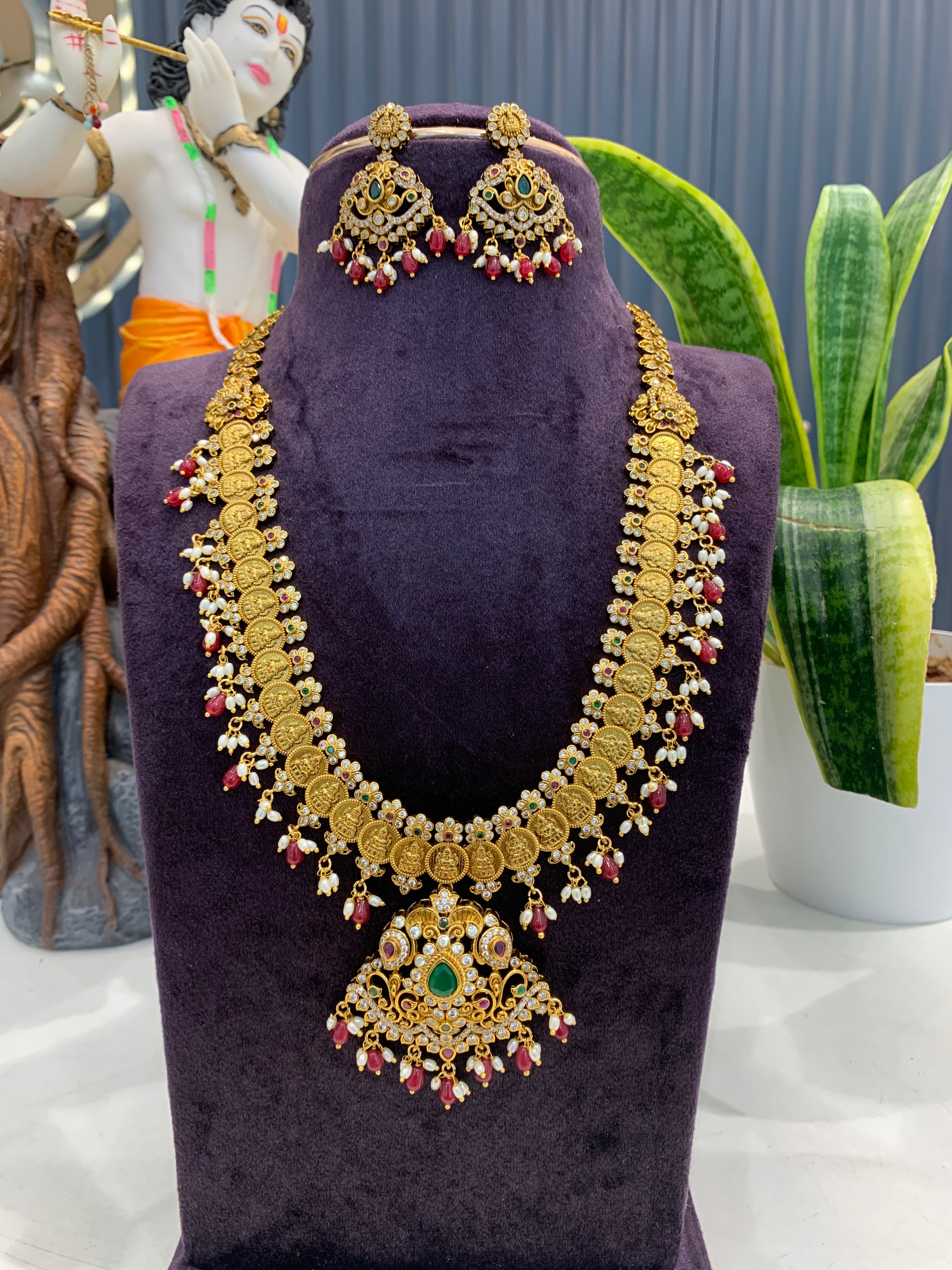 Beautiful CZ stones kasula model long haram with screwback ear hangings