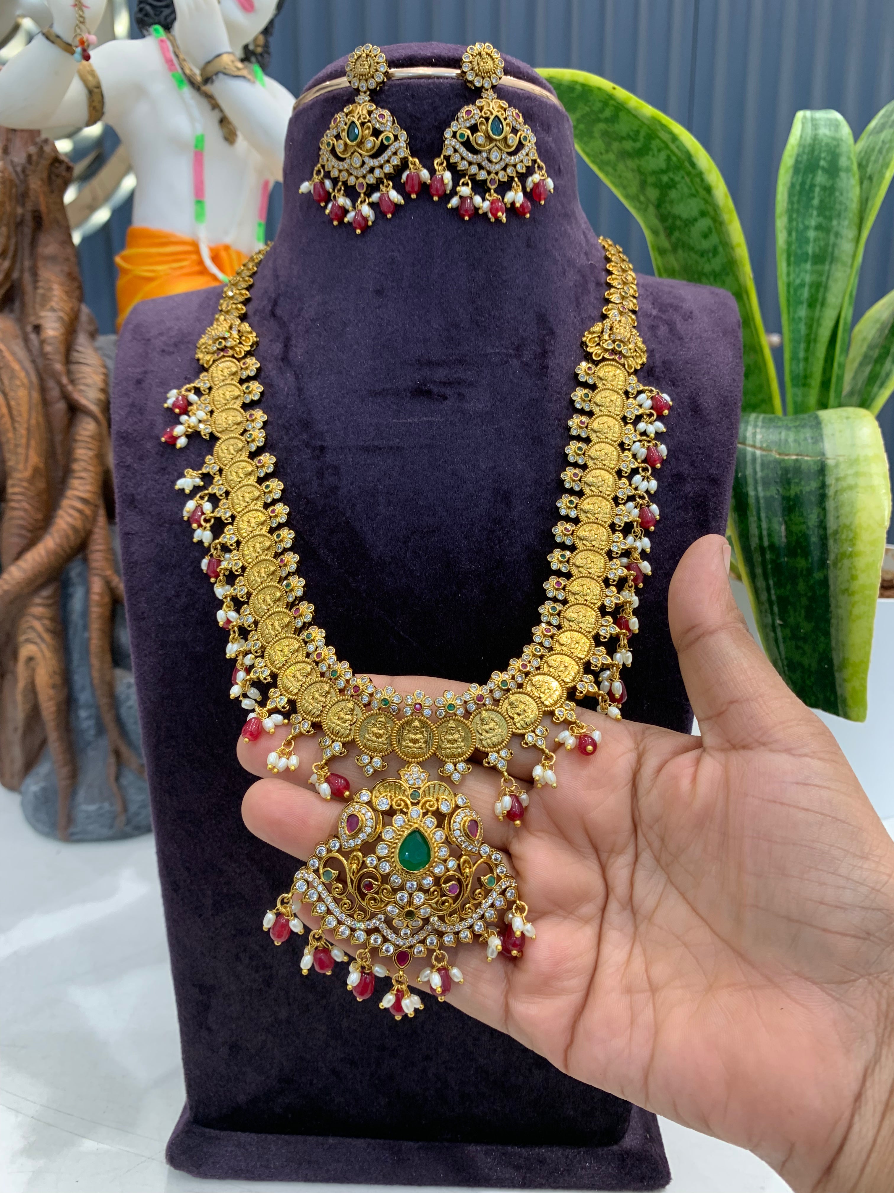 Beautiful CZ stones kasula model long haram with screwback ear hangings