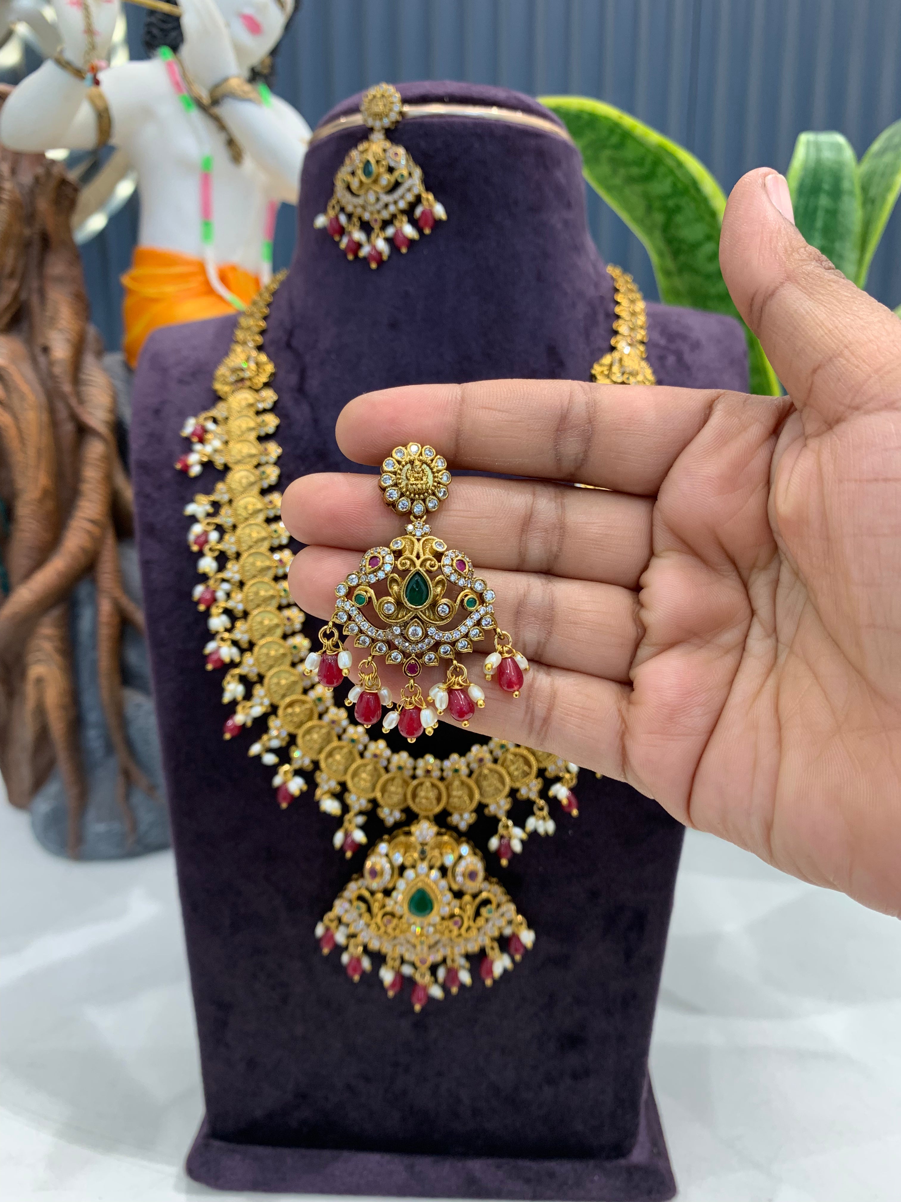 Beautiful CZ stones kasula model long haram with screwback ear hangings