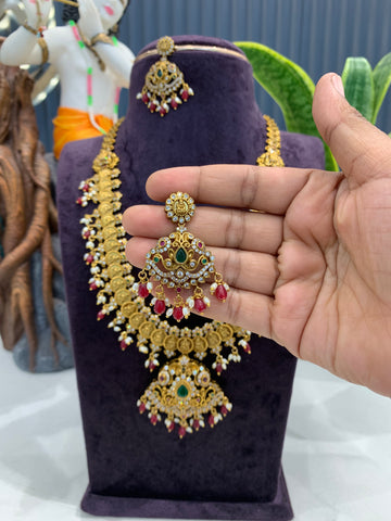 Beautiful CZ stones kasula model long haram with screwback ear hangings