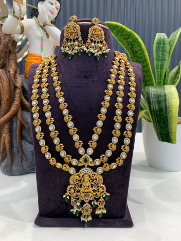 Beautiful Lakshmi devi & CZ stones 3 layers long haram with screwback ear hangings