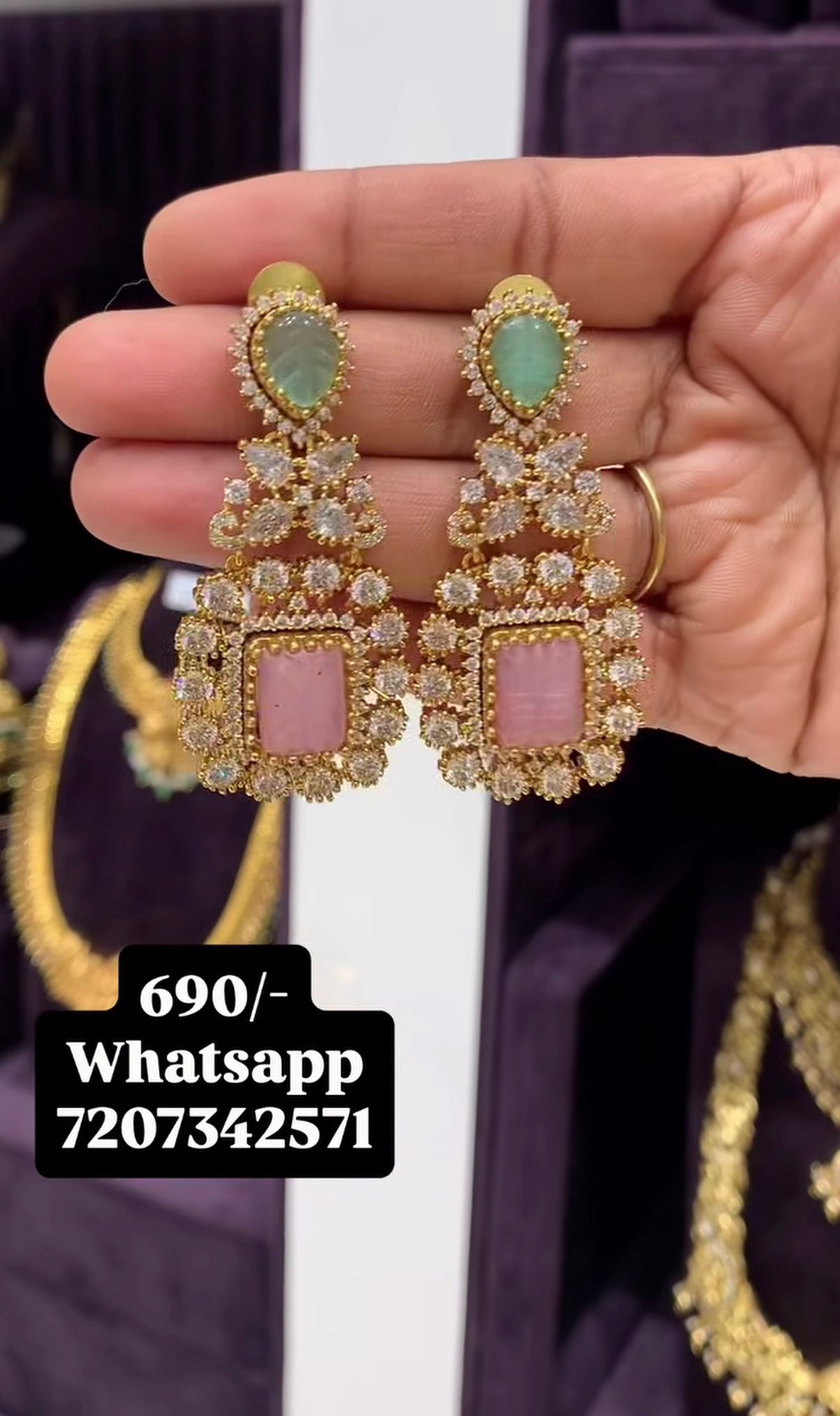 Beautiful pink & green CZ stones ear hangings with pushback