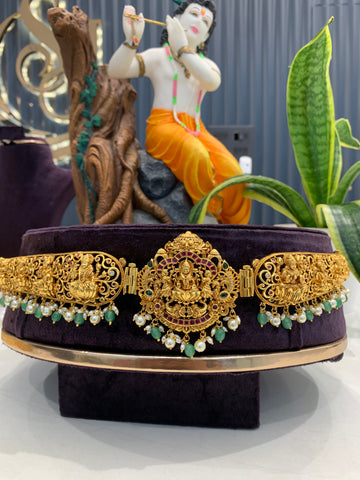 Beautiful pota stone & Lakshmi devi bits adult vaddanam with green beads finishing