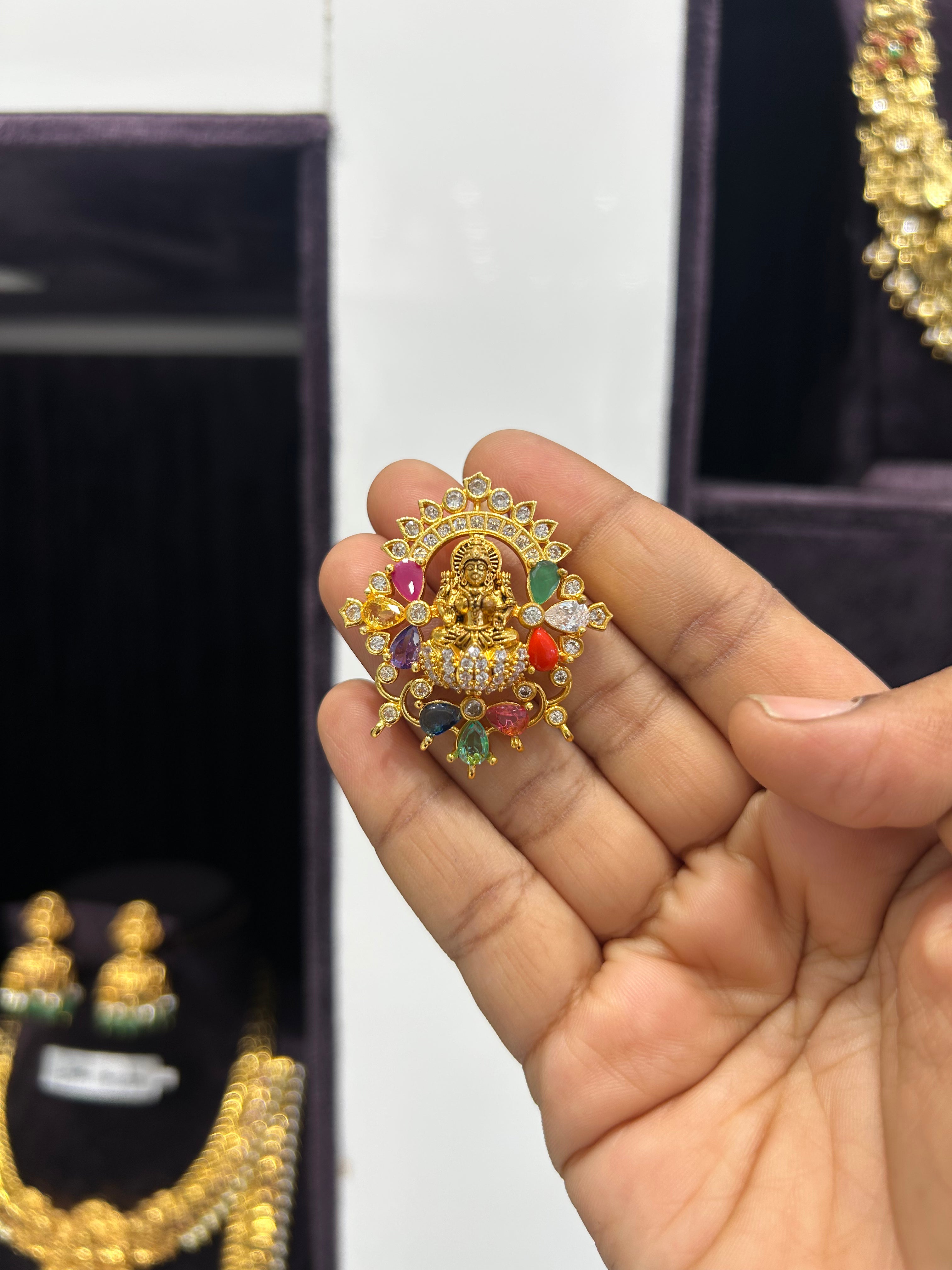 Beautiful Navarathna stones & Lakshmi devi pendant with backhook