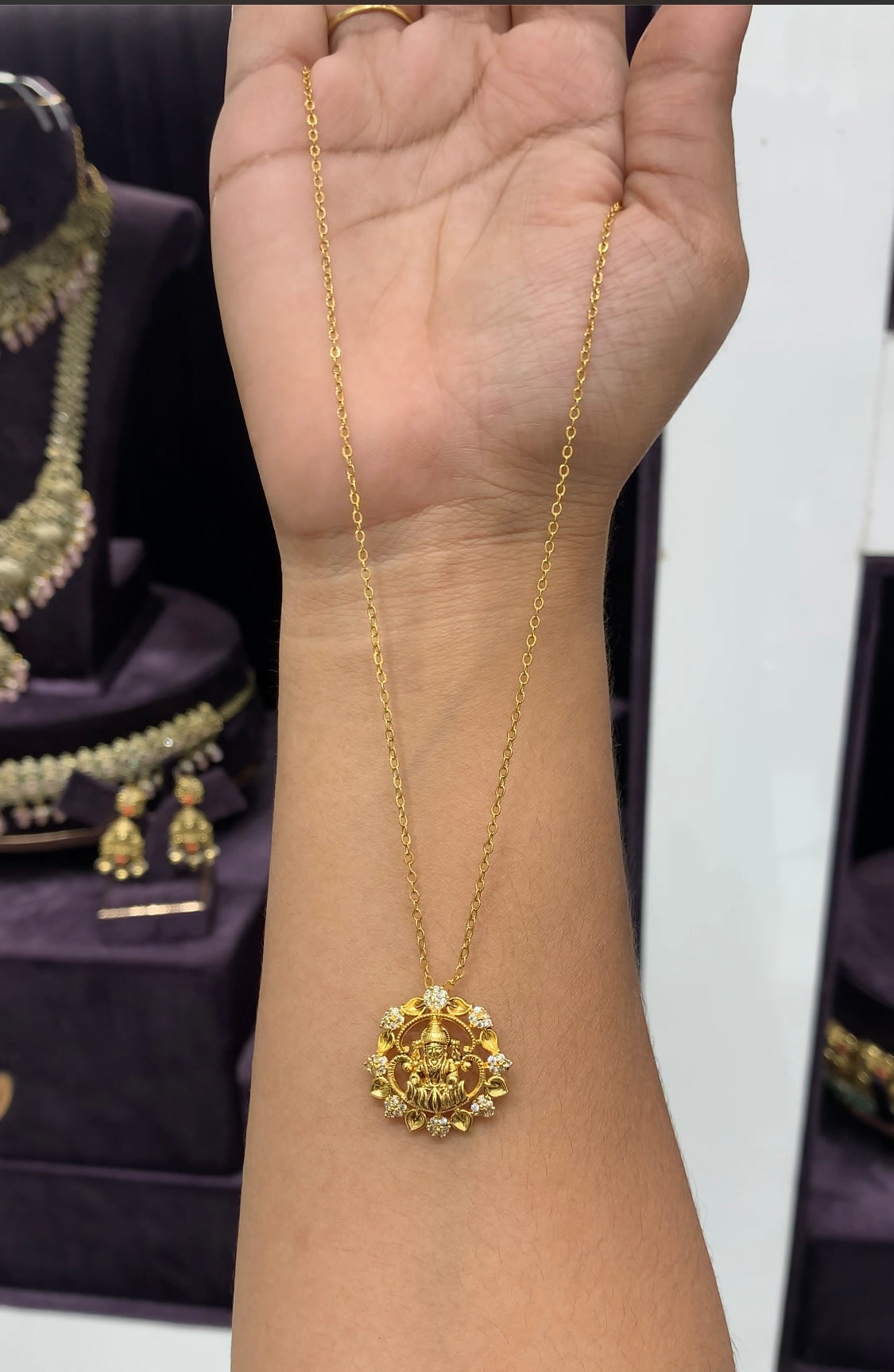 Beautiful CZ stone Lakshmi pendent with Chandraharam chain 18 inchs