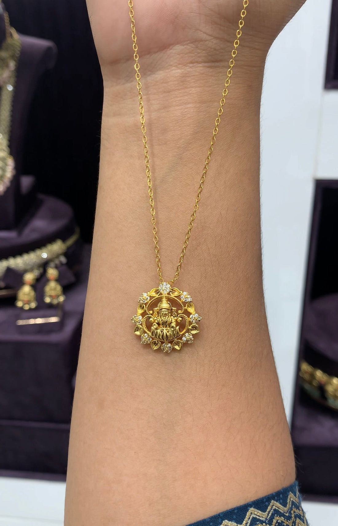 Beautiful CZ stone Lakshmi pendent with Chandraharam chain 18 inchs
