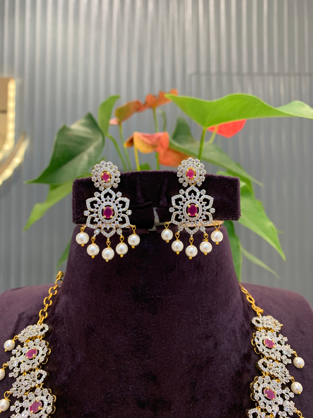 Beautiful GJ polish necklace with ruby stone and pushback earrings