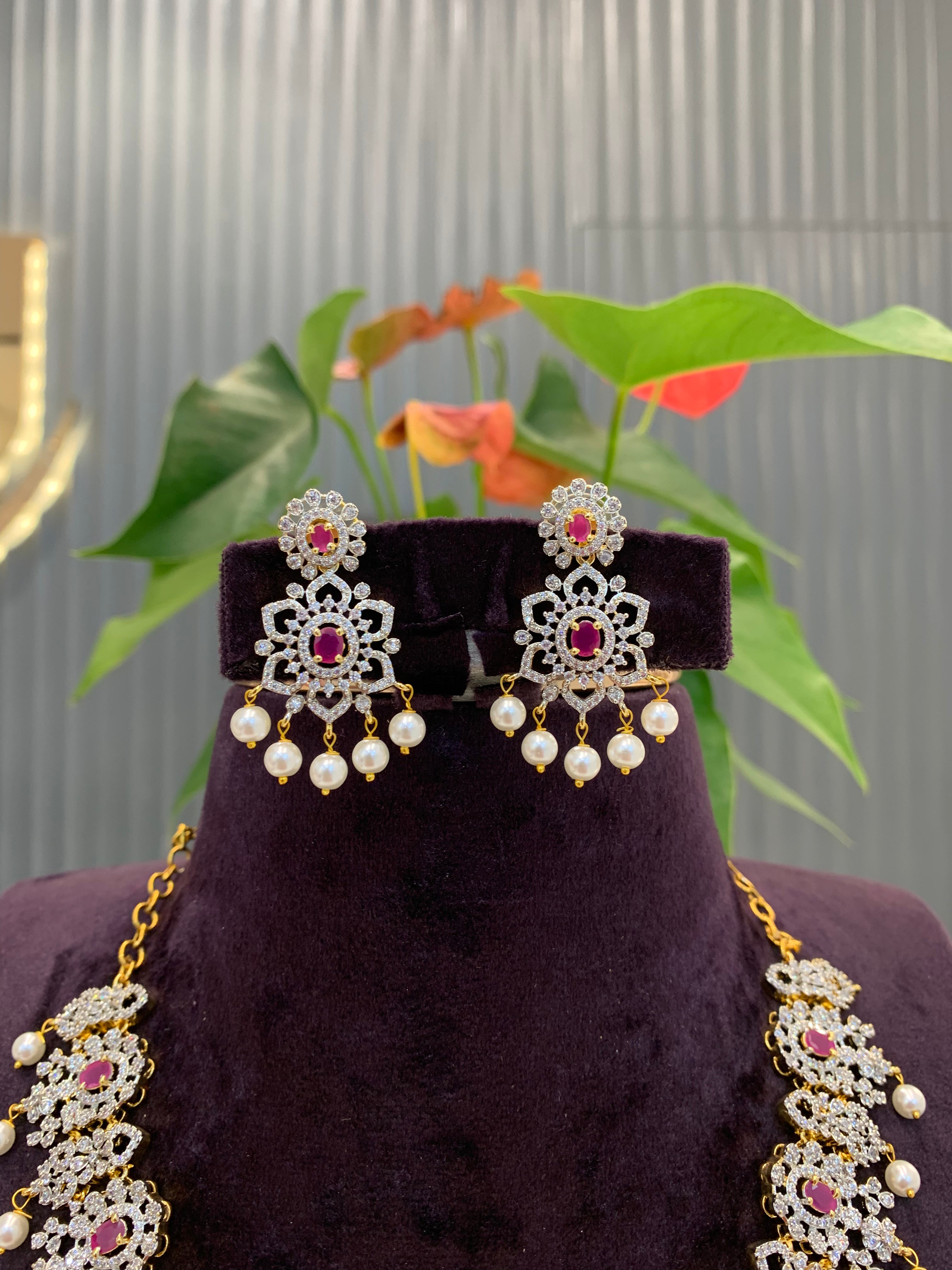 Beautiful GJ polish necklace with ruby stone and pushback earrings