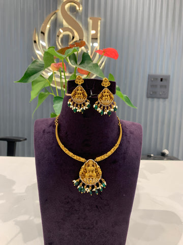 Beautiful Kanti necklace set Lakshmi pendant and earrings set with green beads