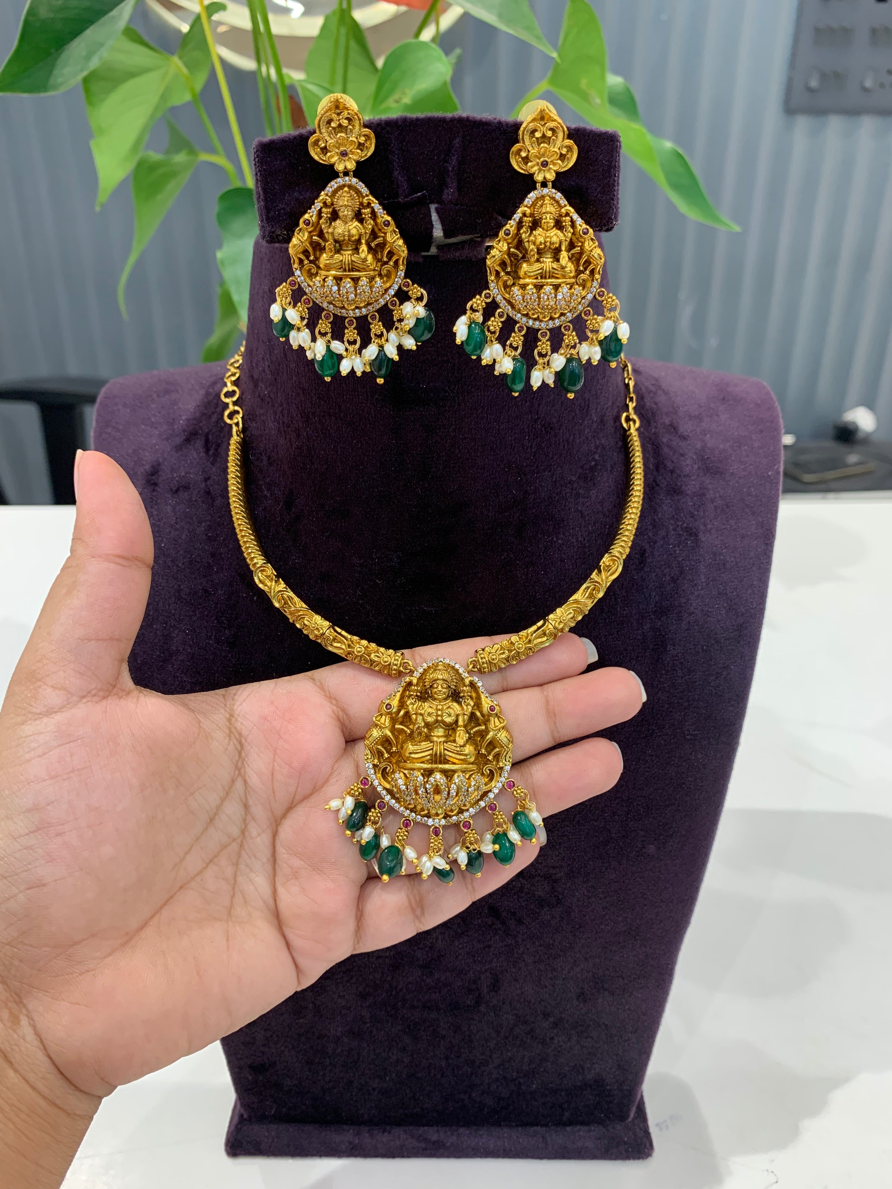 Beautiful Kanti necklace set Lakshmi pendant and earrings set with green beads