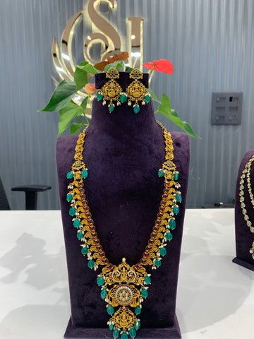 Beautiful Lakshmi pendant and pota stone long haram with green beads