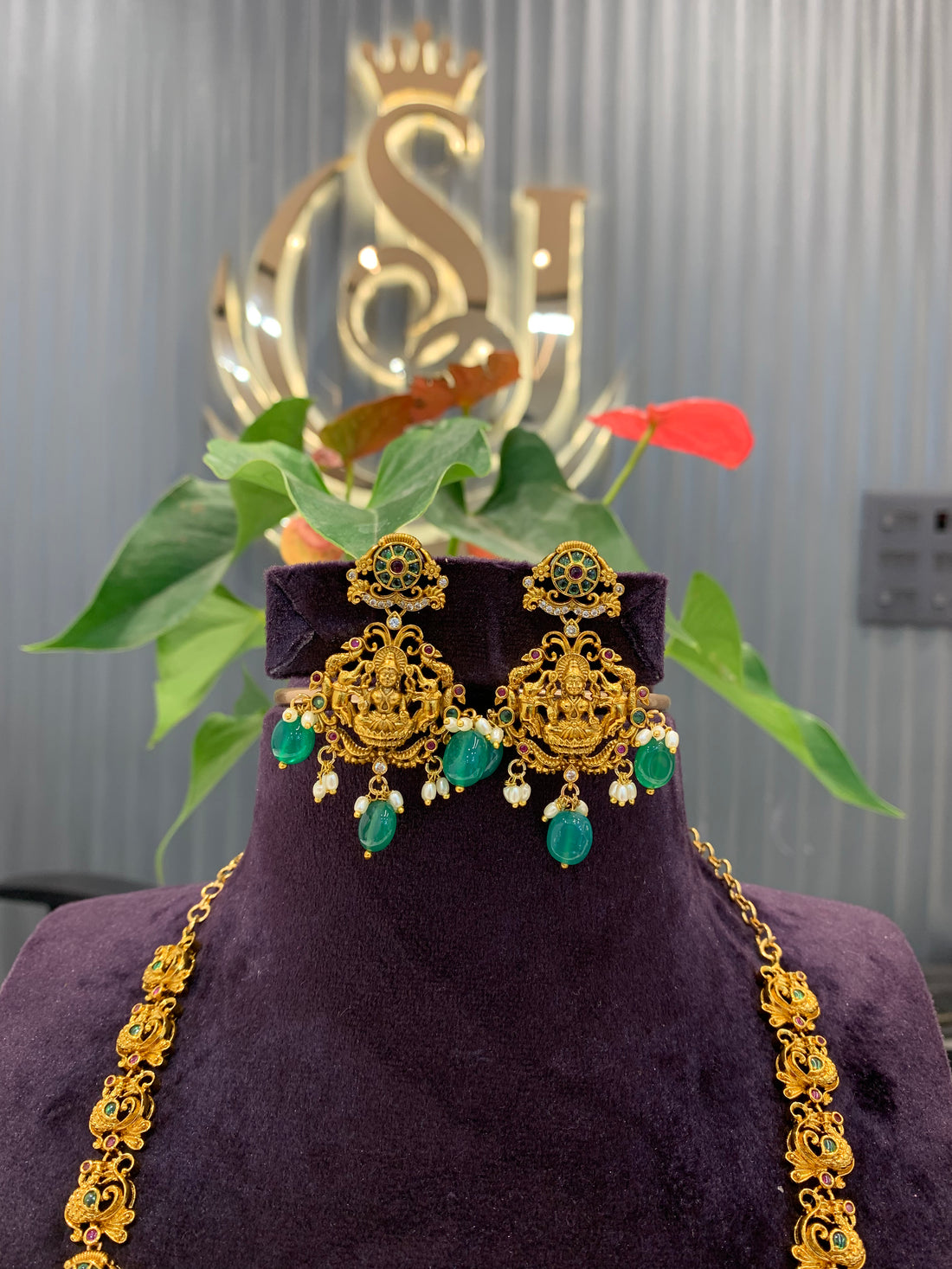 Beautiful Lakshmi pendant and pota stone long haram with green beads