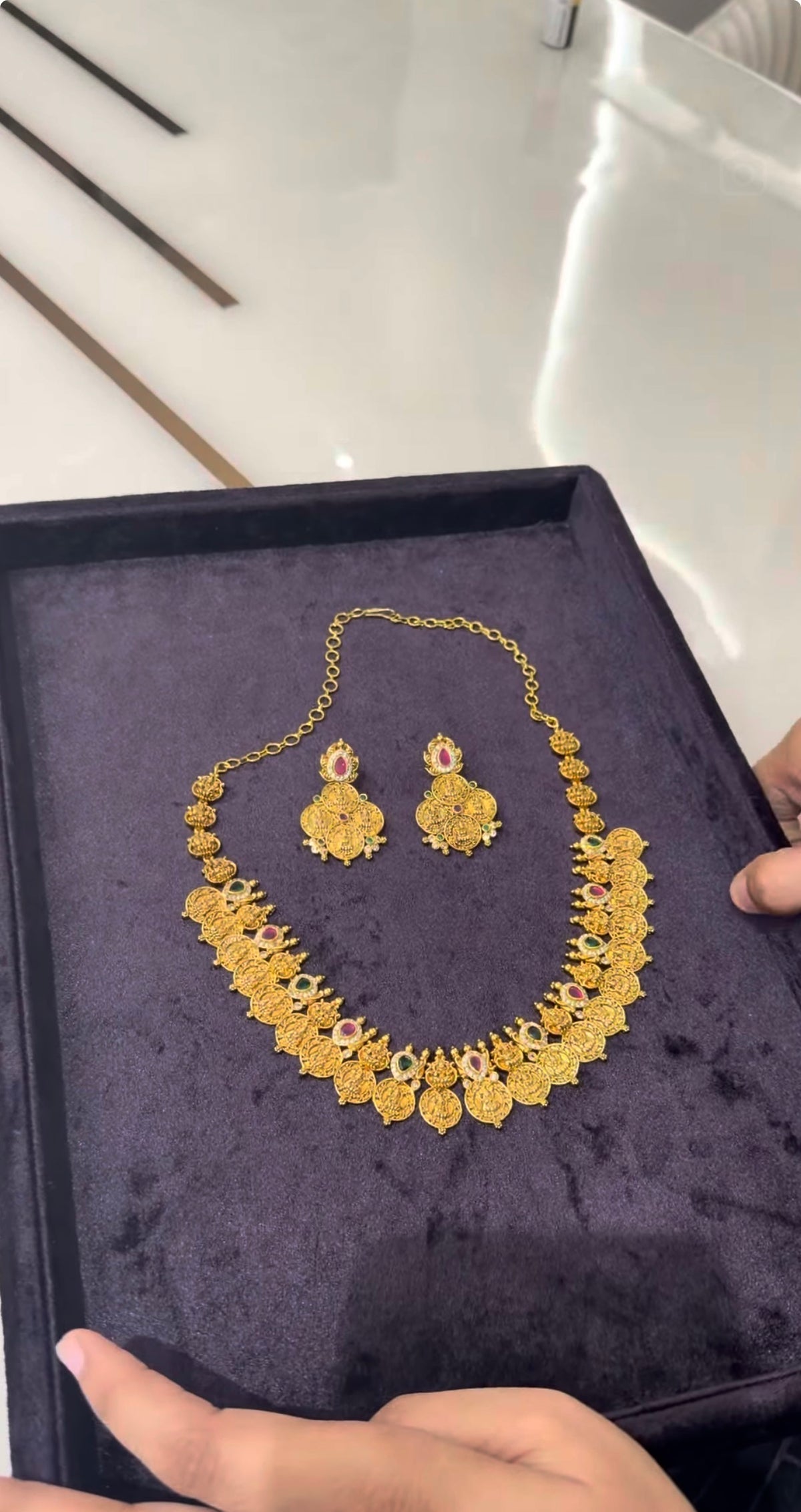 Beautiful multi stone Lakshmi devi kasula model necklace with pushback earrings