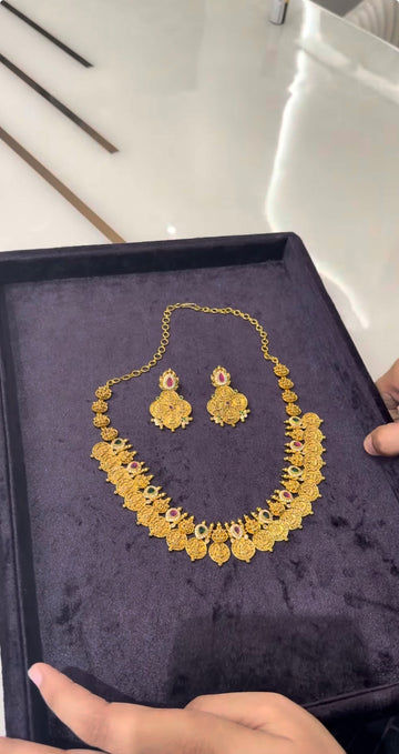 Beautiful multi stone Lakshmi devi kasula model necklace with pushback earrings