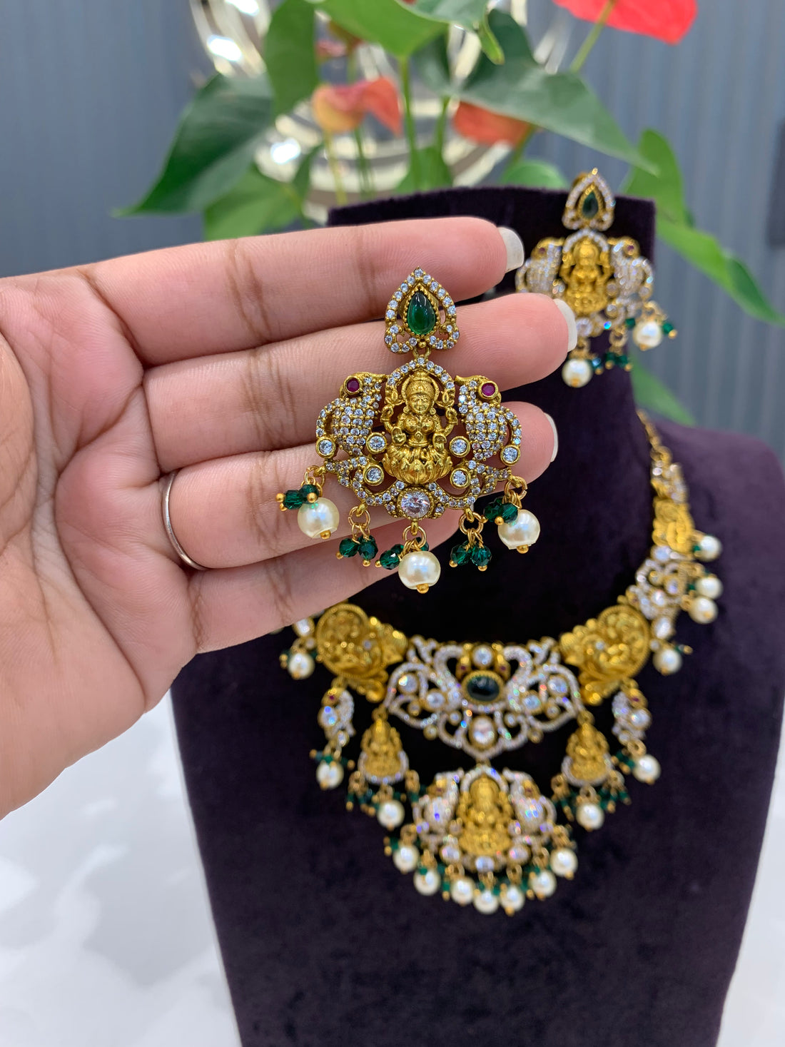 Beautiful cz stone peacock Lakshmi Devi necklace set with push back earrings